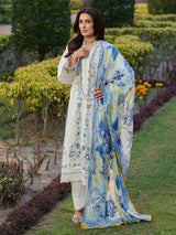 Ivory Blue Floral Embroidered Dhanak 3-Piece Suit | Qameez Trouser & Printed Dupatta