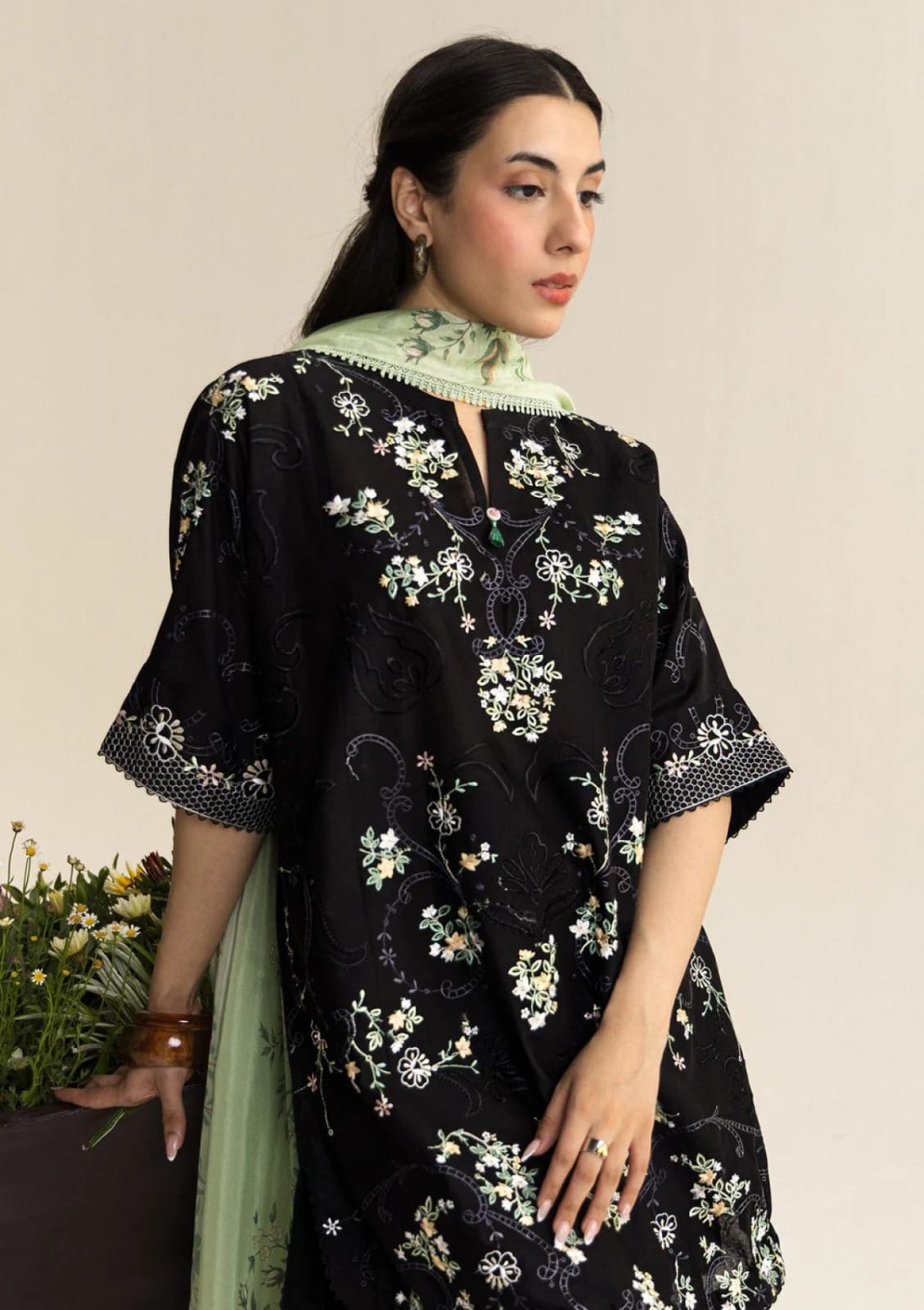 Black Floral Embroidered 3-Piece Suit with Pastel Green Dupatta