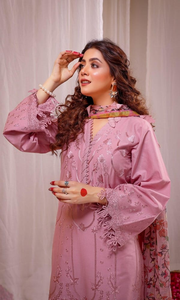 Dusty Pink Embroidered 3-Piece Suit with Printed Floral Dupatta