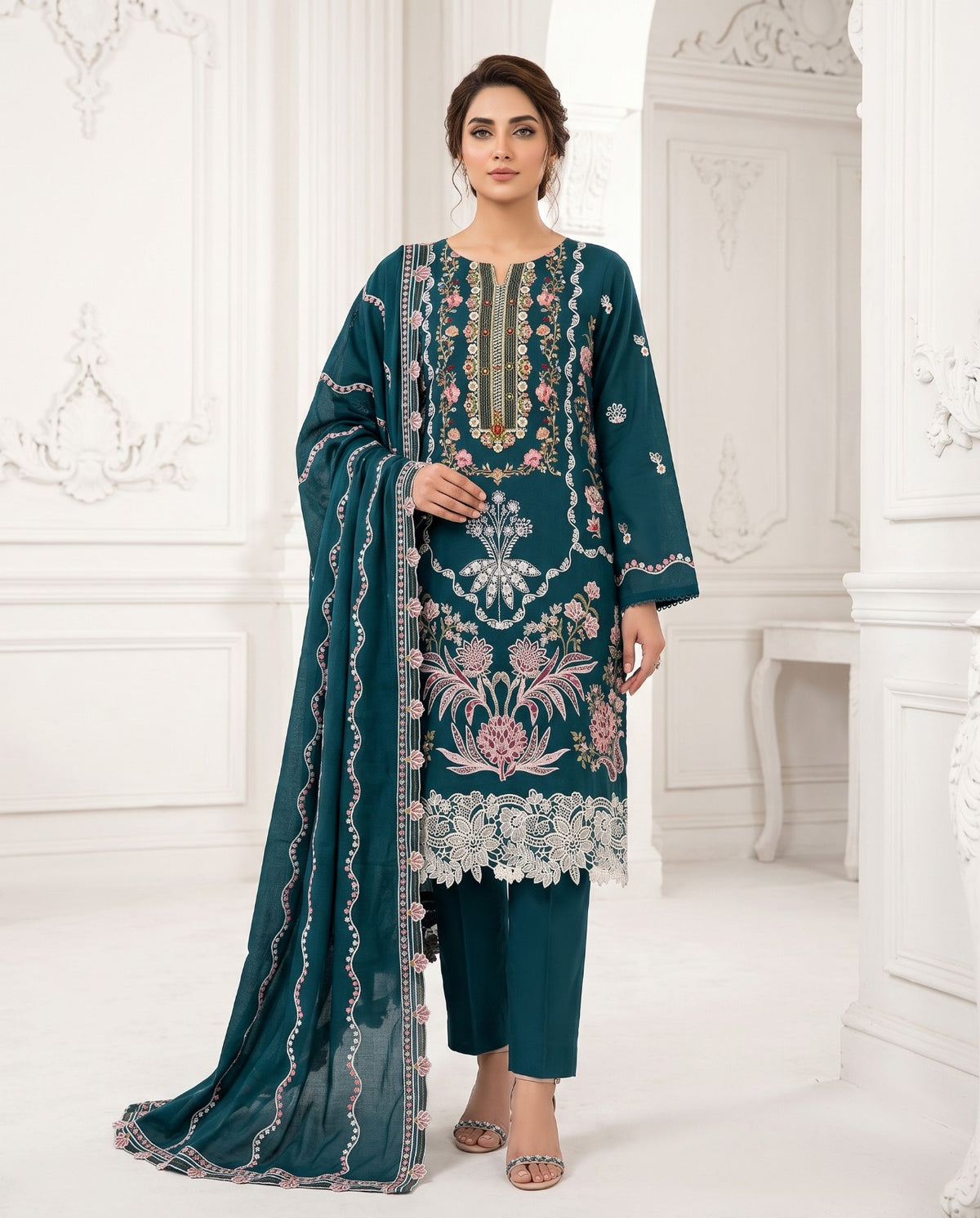 Embroidered 3-Piece Pakistani Suit with Floral Dupatta