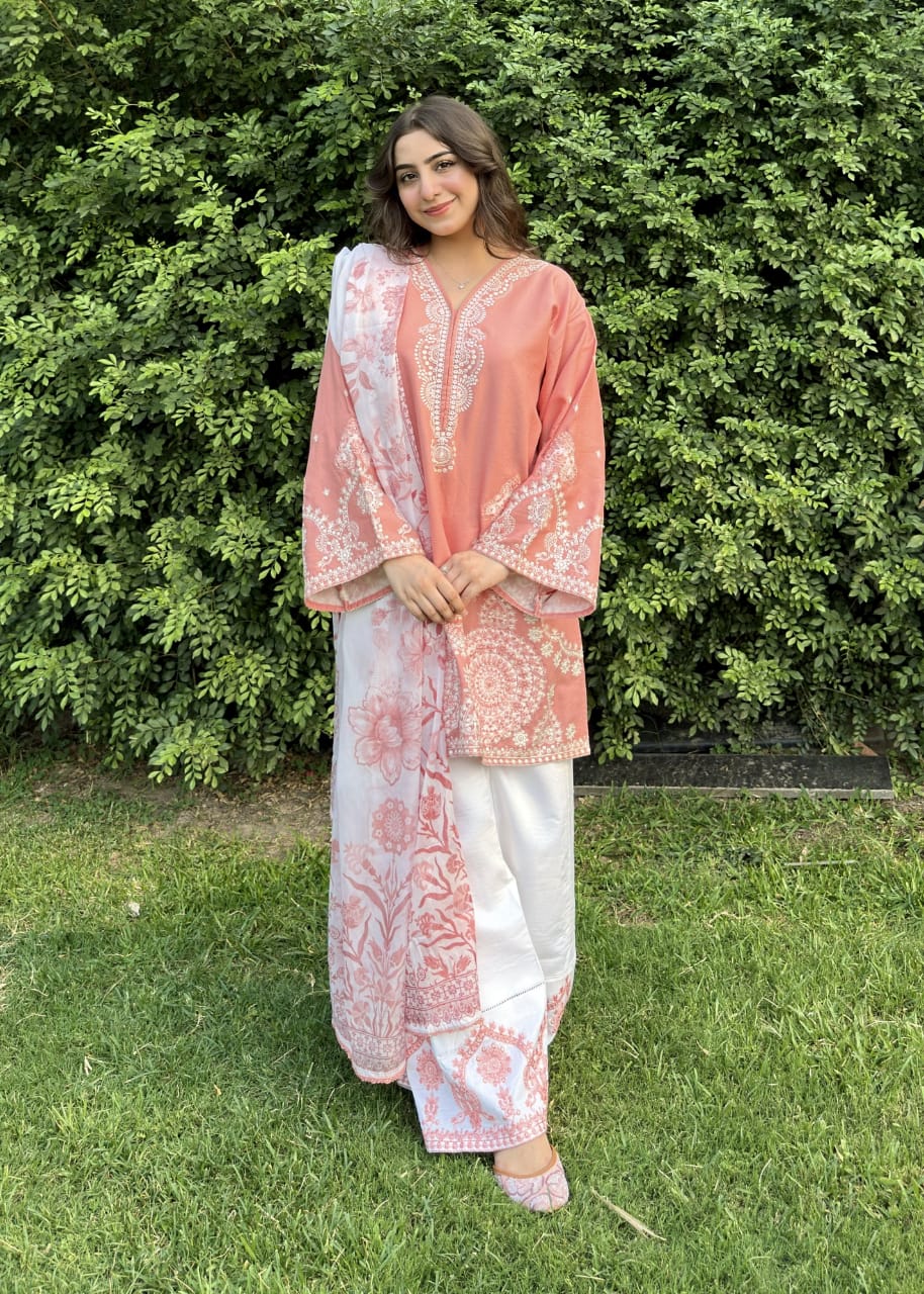 Peach Embroidered 3-Piece Pakistani Suit with Printed Dupatt