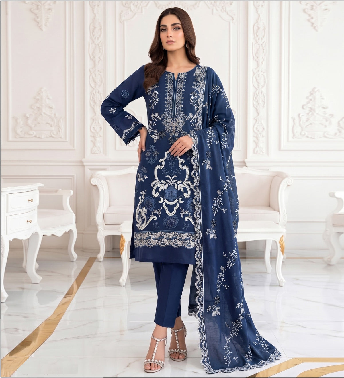 Embroidered 3-Piece Pakistani Suit with Floral Dupatta
