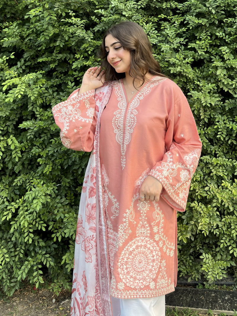 Peach Embroidered 3-Piece Pakistani Suit with Printed Dupatt