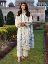 Ivory Blue Floral Embroidered Dhanak 3-Piece Suit | Qameez Trouser & Printed Dupatta