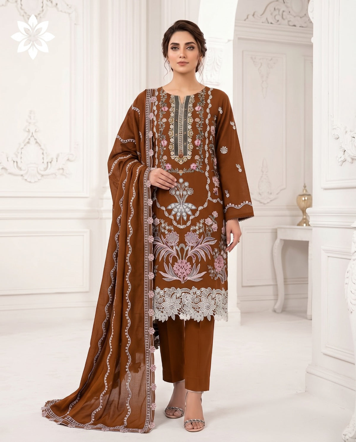 Embroidered 3-Piece Pakistani Suit with Floral Dupatta