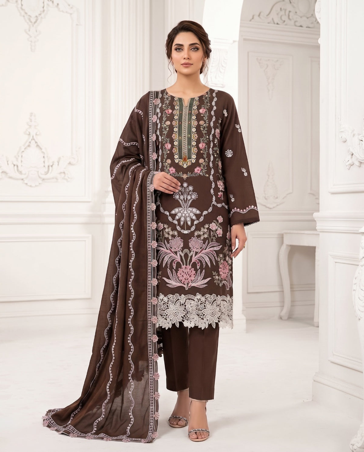 Embroidered 3-Piece Pakistani Suit with Floral Dupatta