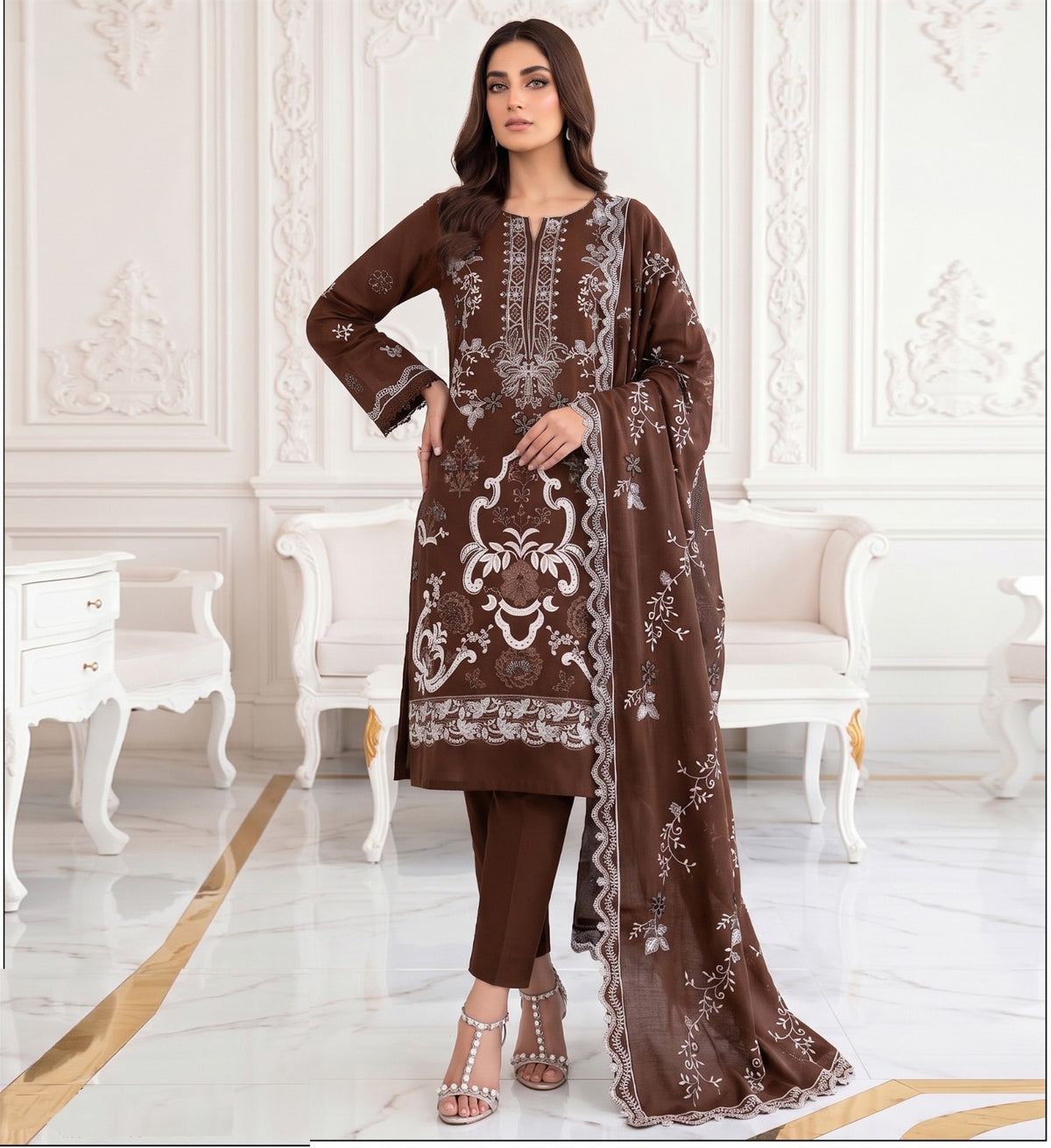 Embroidered 3-Piece Pakistani Suit with Floral Dupatta
