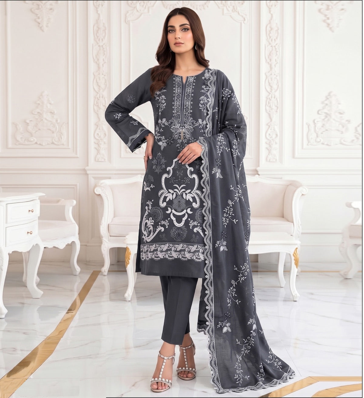 Embroidered 3-Piece Pakistani Suit with Floral Dupatta