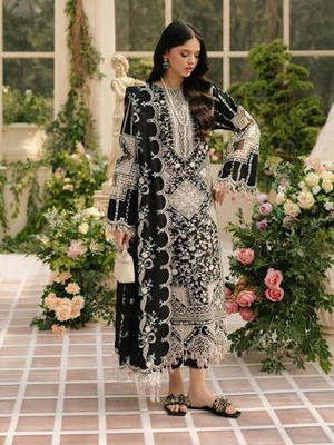 Black & White Embroidered 3-Piece Suit with Floral Detailing