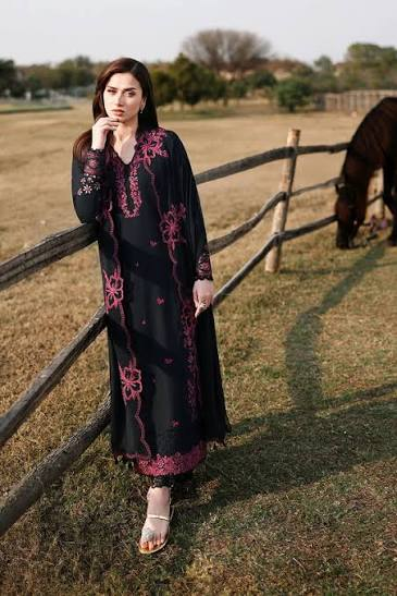 Black Floral Embroidered Suit with Magenta Detailing