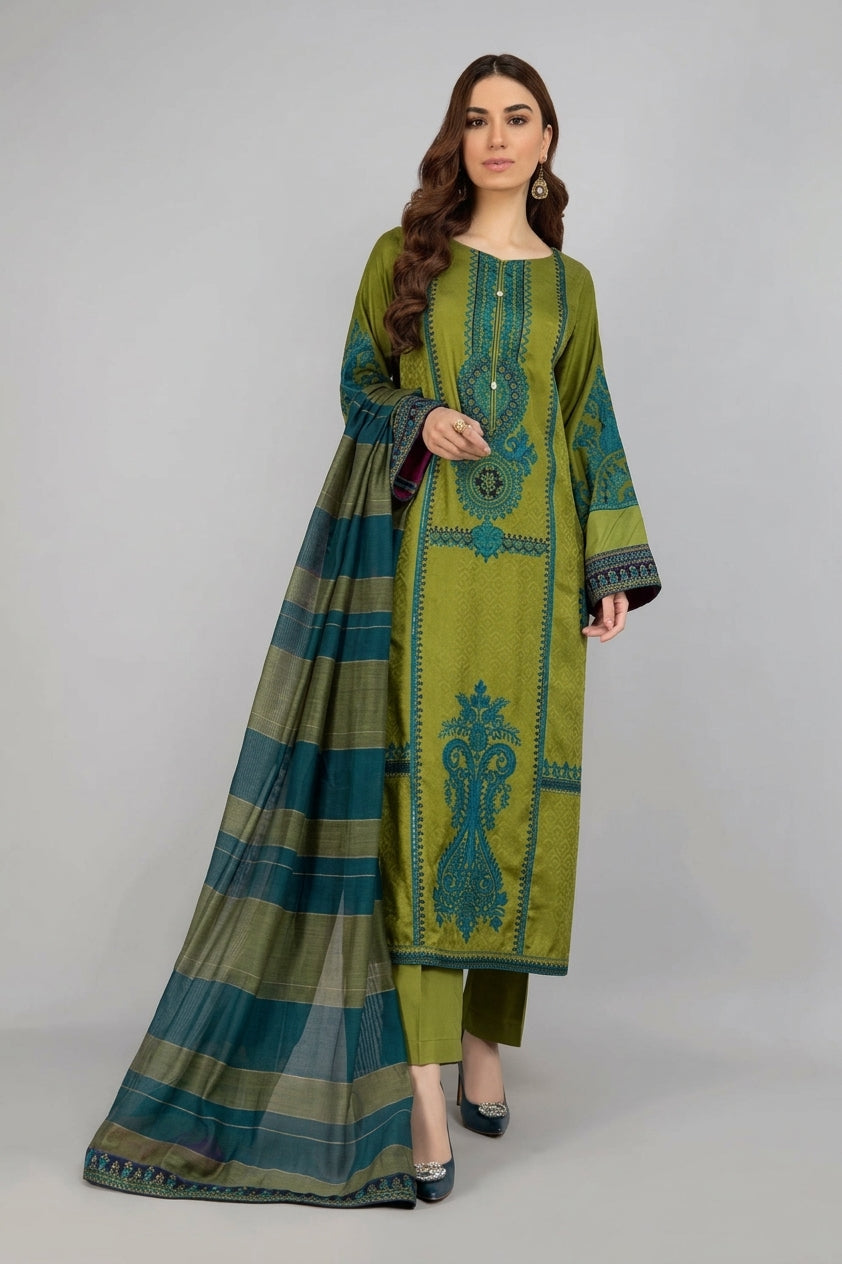 Olive Green Printed 3-Piece Pakistani Suit with Woven Dupatta