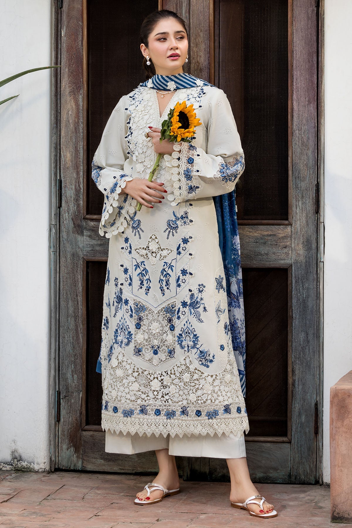 White & Blue Embroidered 3-Piece Pakistani Suit with Printed Dupatta