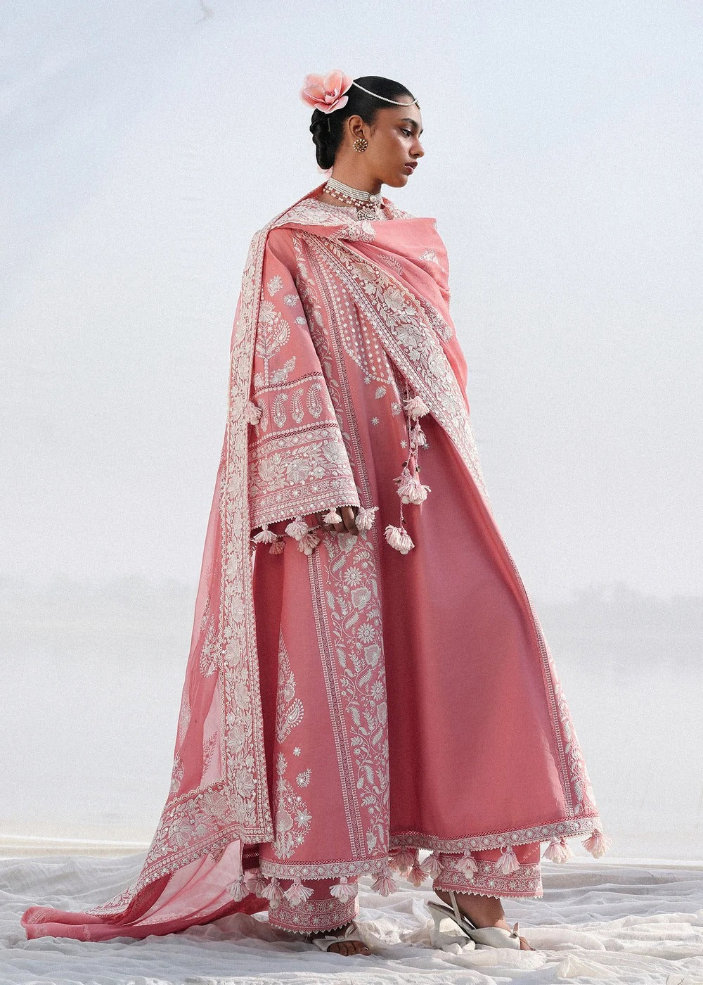 Peach Embroidered 3-Piece Pakistani Suit with Printed Dupatta