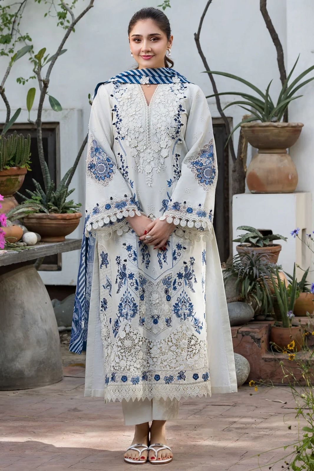 White & Blue Embroidered 3-Piece Pakistani Suit with Printed Dupatta