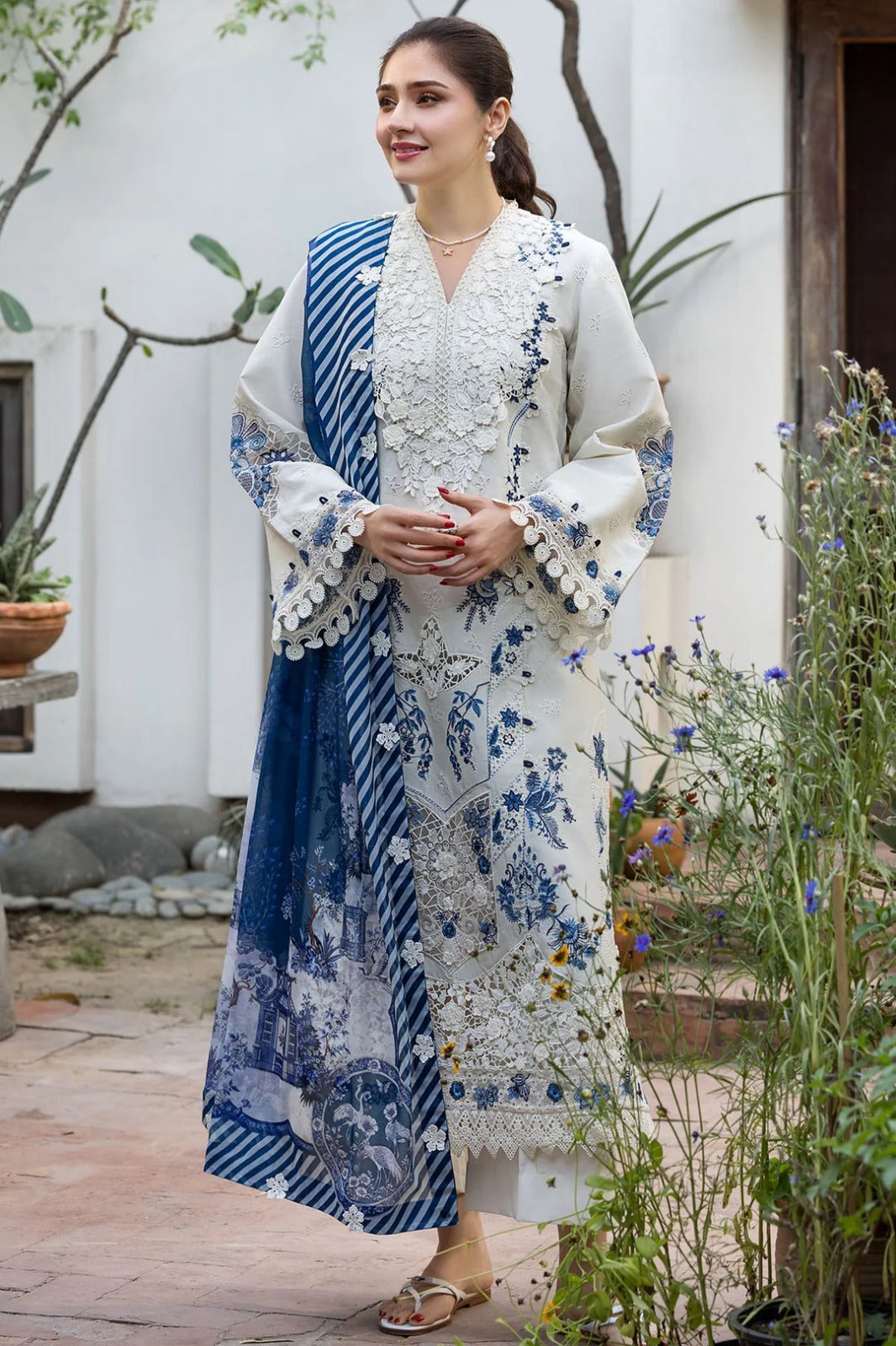 White & Blue Embroidered 3-Piece Pakistani Suit with Printed Dupatta