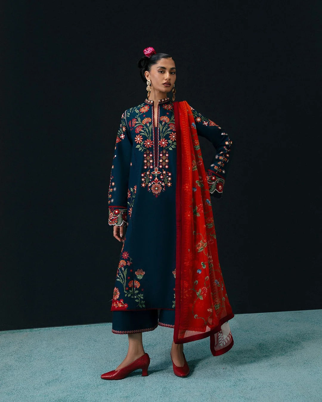Embroidered 3-Piece Pakistani Suit with Floral Dupatta