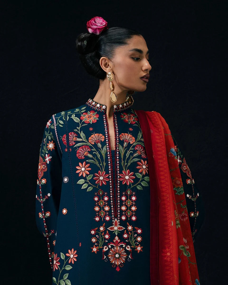 Embroidered 3-Piece Pakistani Suit with Floral Dupatta