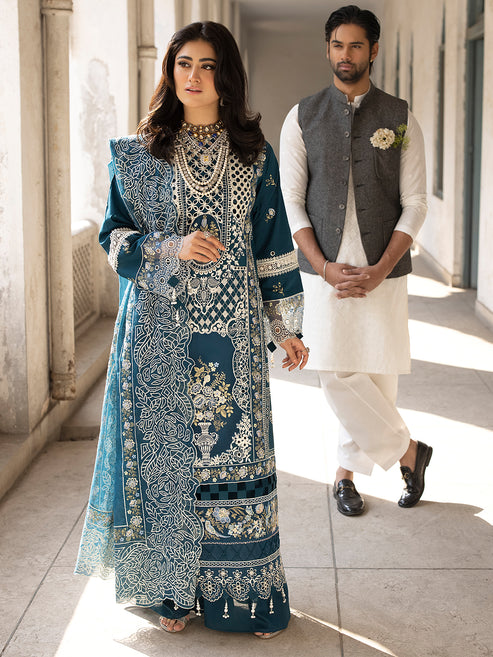 Teal Embroidered 3-Piece Pakistani Suit with Printed Dupatta