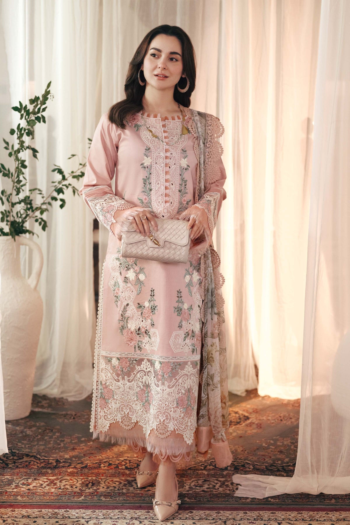 Embroidered 3-Piece Pakistani Suit with Lace & Floral Dupatta