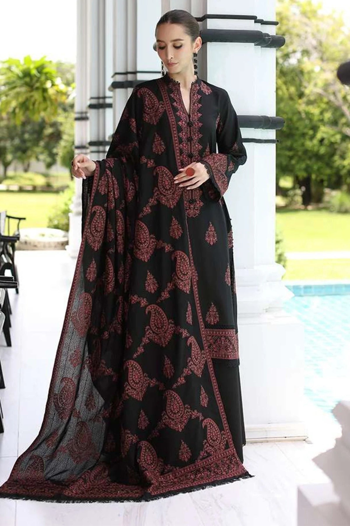 Black Printed 3-Piece Pakistani Suit with Embroidered Neckline