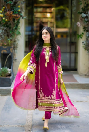 Magenta Embroidered 3-Piece Pakistani Suit with Ombre Dupatta