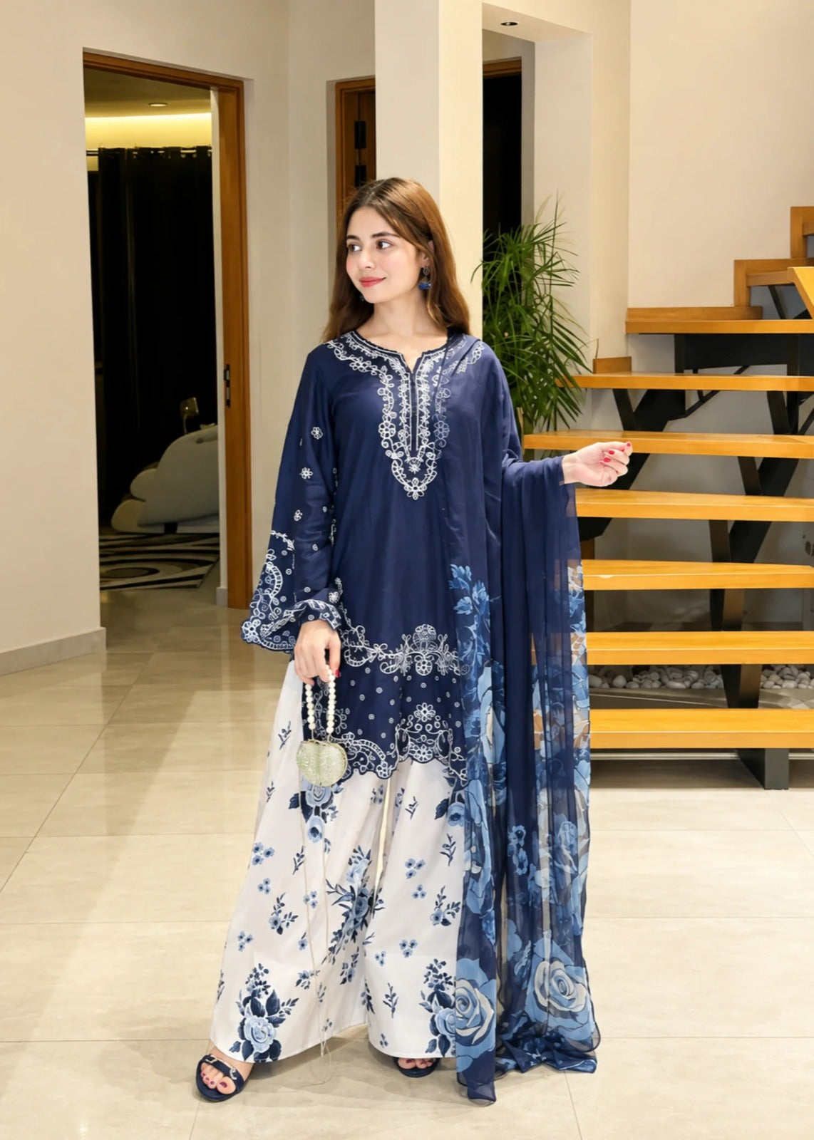 Navy Blue & White Floral Printed 3 Piece Pakistani Suit
