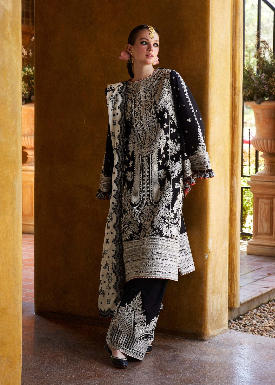 Black & White Embroidered 3-Piece Pakistani Suit with Printed Dupatta