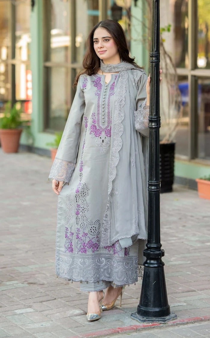 Grey Embroidered 3-Piece Pakistani Suit with Lace Dupatta