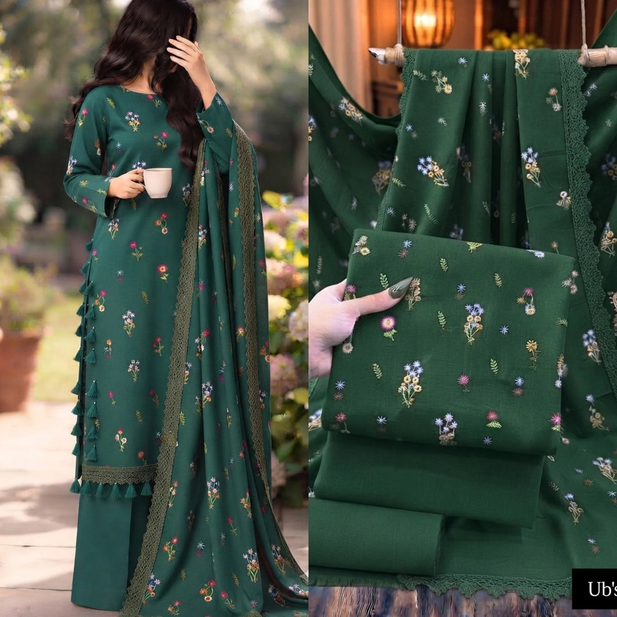 Dark green floral embroidered 3-piece suit with lace-bordered dupatta