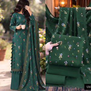 Dark green floral embroidered 3-piece suit with lace-bordered dupatta