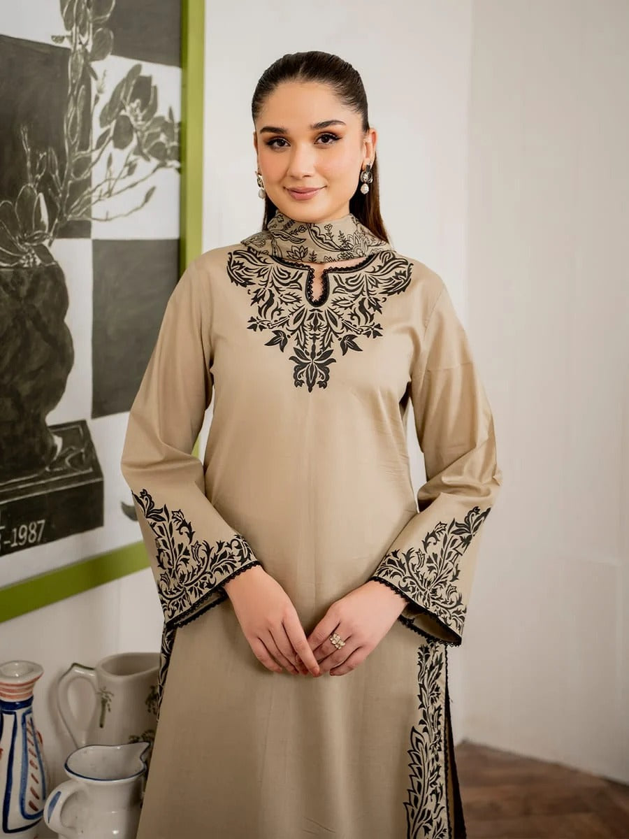Beige Embroidered Pakistani Kurta with Printed Dupatta