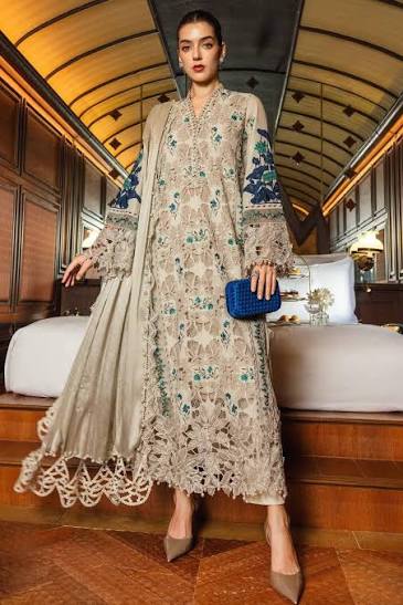 Beige Embroidered Pakistani 3 Piece Suit with Floral Lace